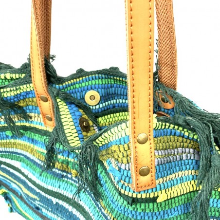 Bolso shopping realizado en Dari indio fabricado en algodón de colores con asas de piel.
