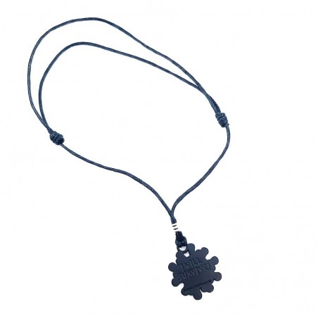 Collier pendentif bleu et jaune en métal virus " I will survive ".