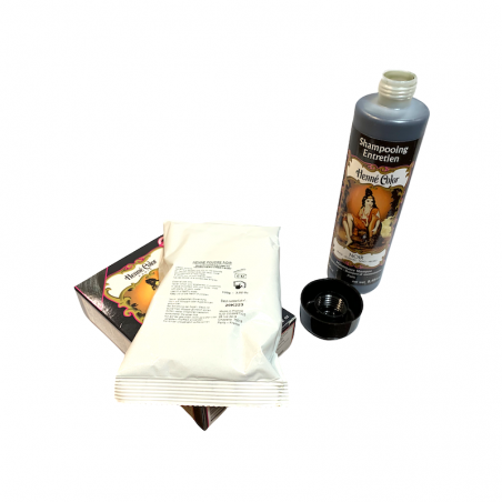 Poudre et shampoing henné noir pour coloration naturelle.