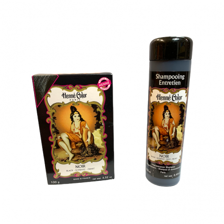 Set aus schwarzem Hennapulver und Haarfärbeshampoo.