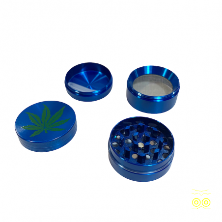 Grinder bleu ouvert en métal avec récupérateur de pollen.