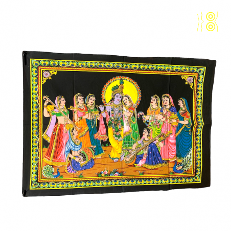Arazzo indù di Radha e Krishna con la famiglia.