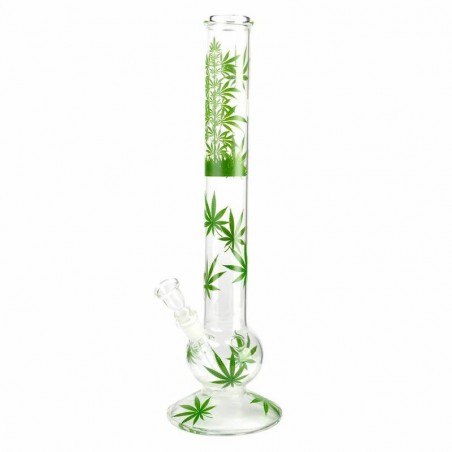 Large glass bong decorated with cannabis leaves.