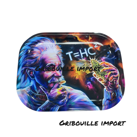 Plateau à rouler en métal Einstein avec du cannabis.